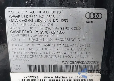 2013 Audi Q5 Hybrid 2.0T Prestige из США, поврежденный, VIN WA1C8AFP6DA052629